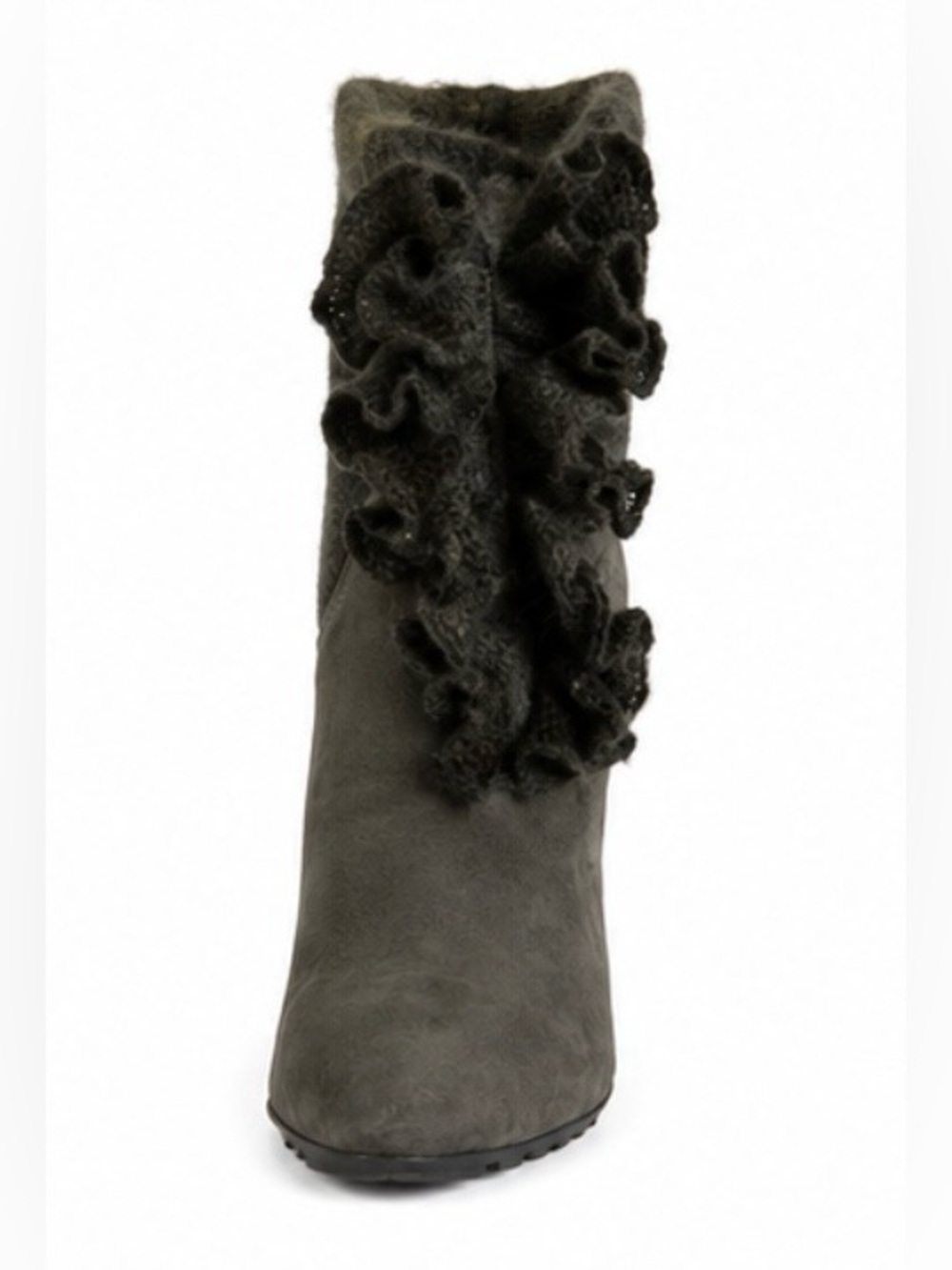 Elegant Grey Suede Stiletto Ankle Boots with Ruffle Detail Size 7.5 - Picture 6 of 7